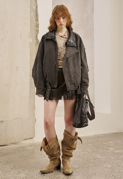 Leather Collar Stitching Denim Retro Jacket DID0222