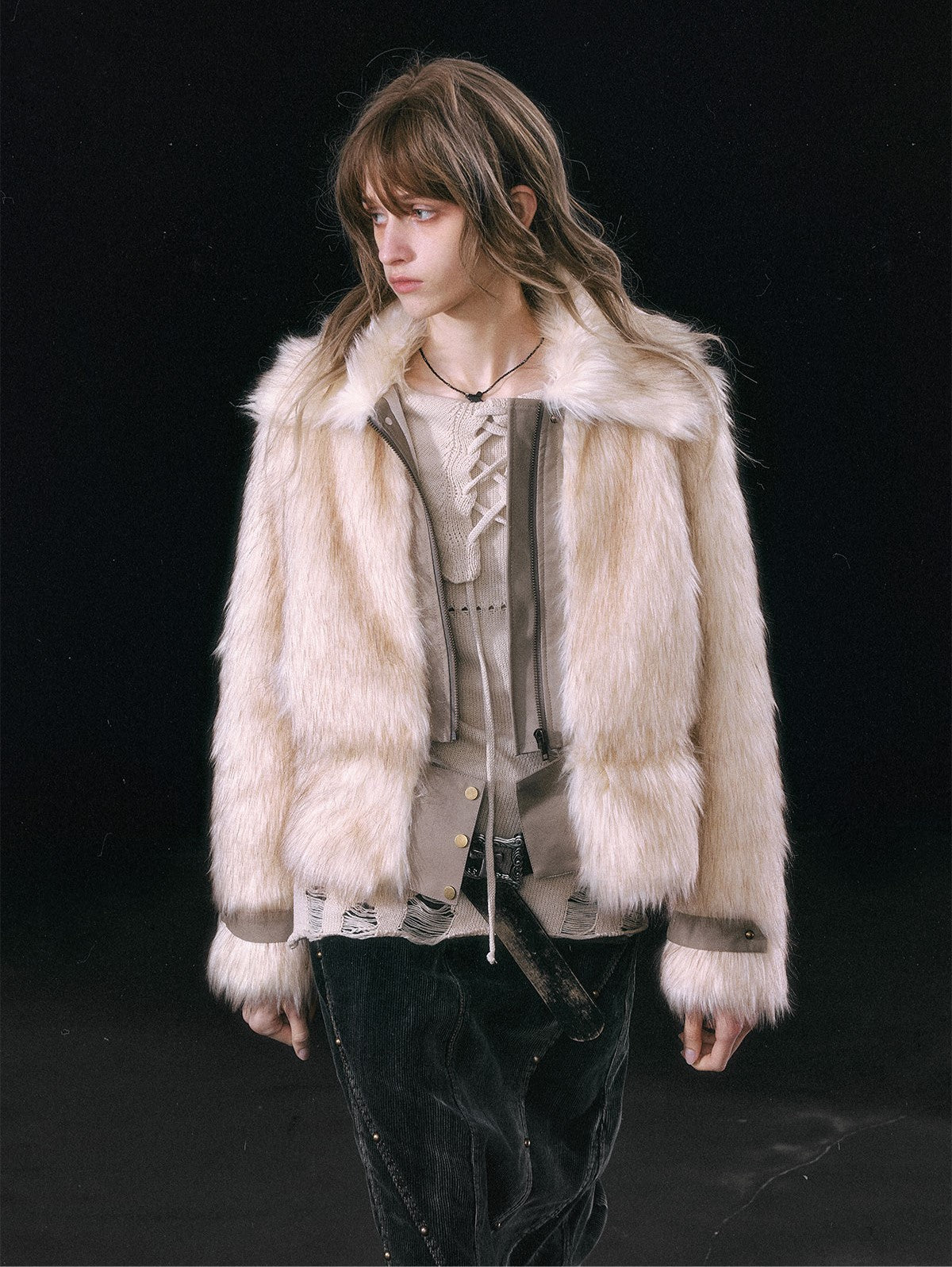 Smudged Leather Eco-friendly Fur Lapel Detachable Hem Coat CES0114