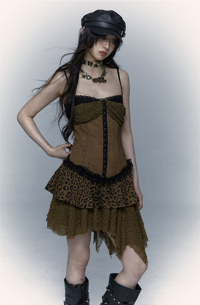 Punk Splicing Lace Irregular Leopard Print Suspender Dress NOR0070