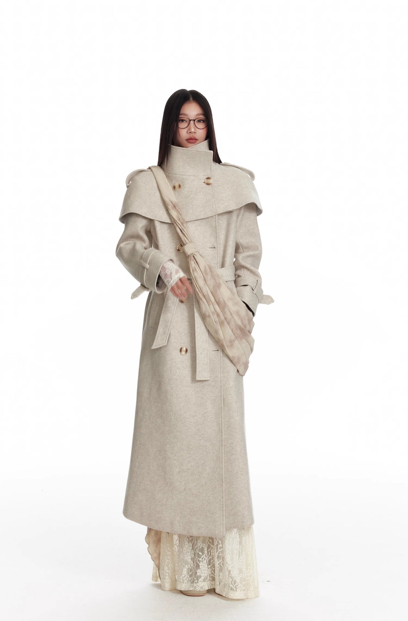 Oatmeal Color Detachable Shawl Cape/Woolen Long Coat 4MU0076