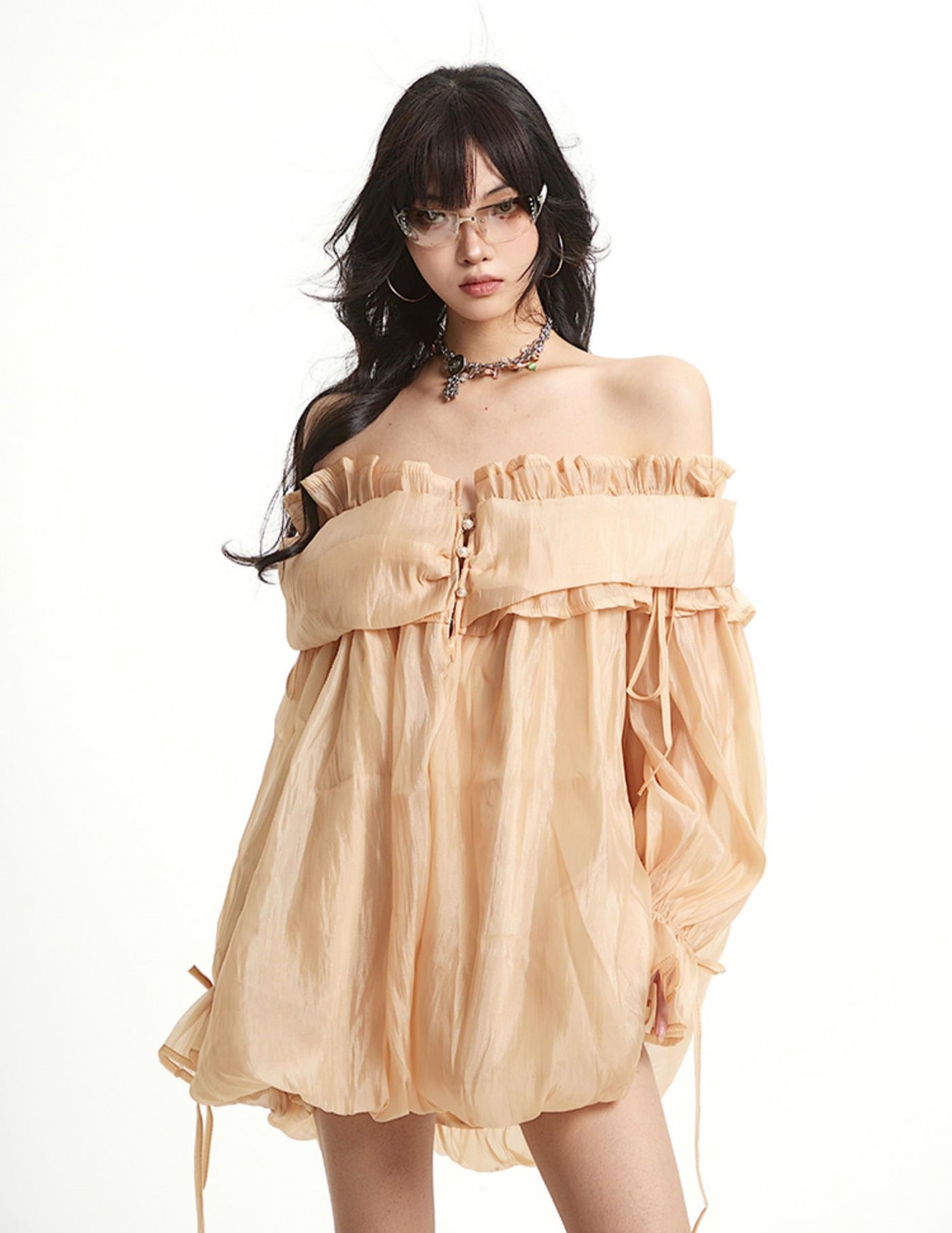 One-shoulder Ruffled Mesh Dress UNC0260