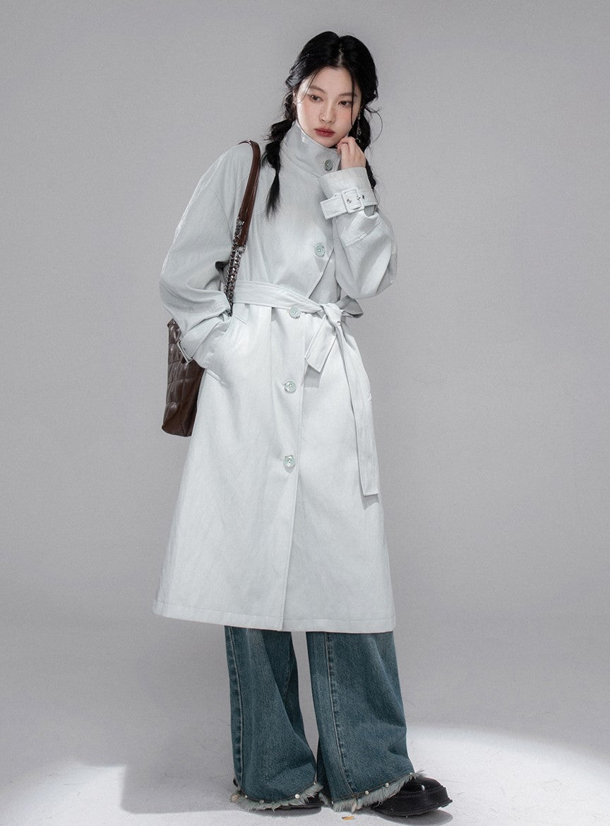 Gray Blue Leather Coat COT0354