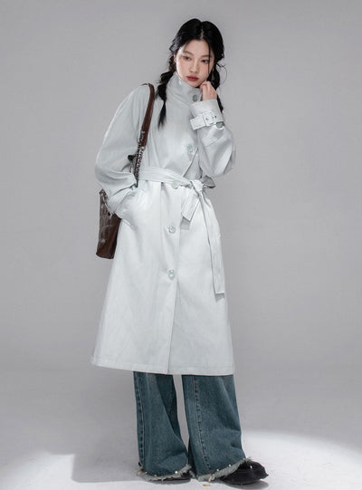 Gray Blue Leather Coat COT0354