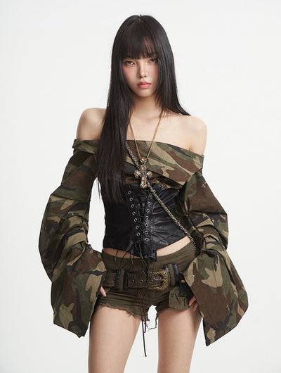 Camouflage One-shoulder Leather Top UNC0254