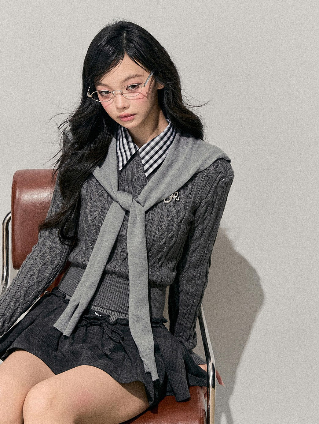 Plaid Collar Cable Knit Sweater DIA0751