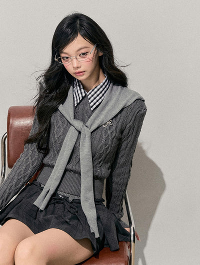 Plaid Collar Cable Knit Sweater DIA0751