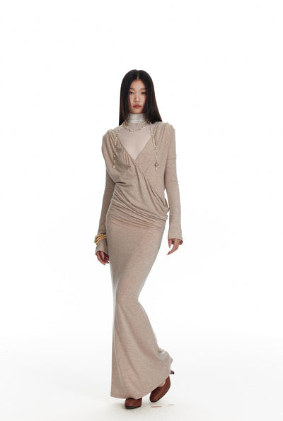 Greek style Asymmetric Drape Deep V-neck Knitted Dress/Mesh Top 4MU0079