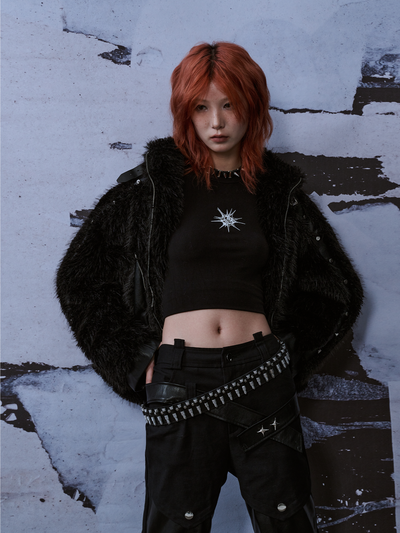 Patchwork Street Metal Punk Rivet Fur Jacket FRU0043