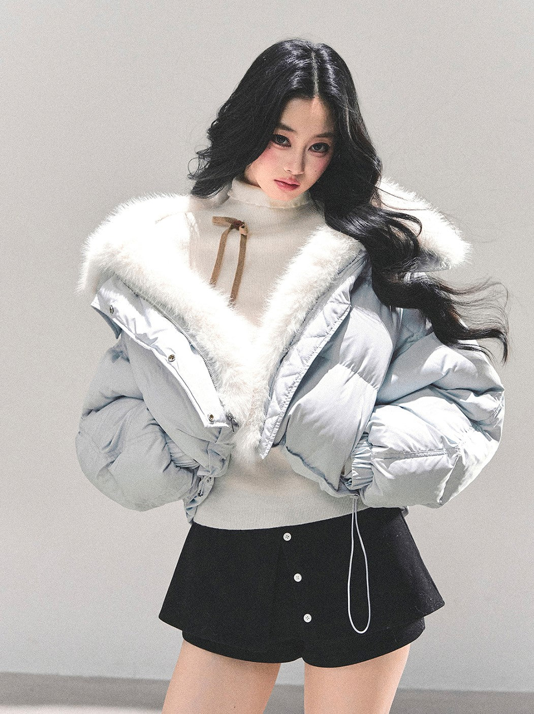 Blue Detachable Fur Collar Short Down Jacket DIA0687