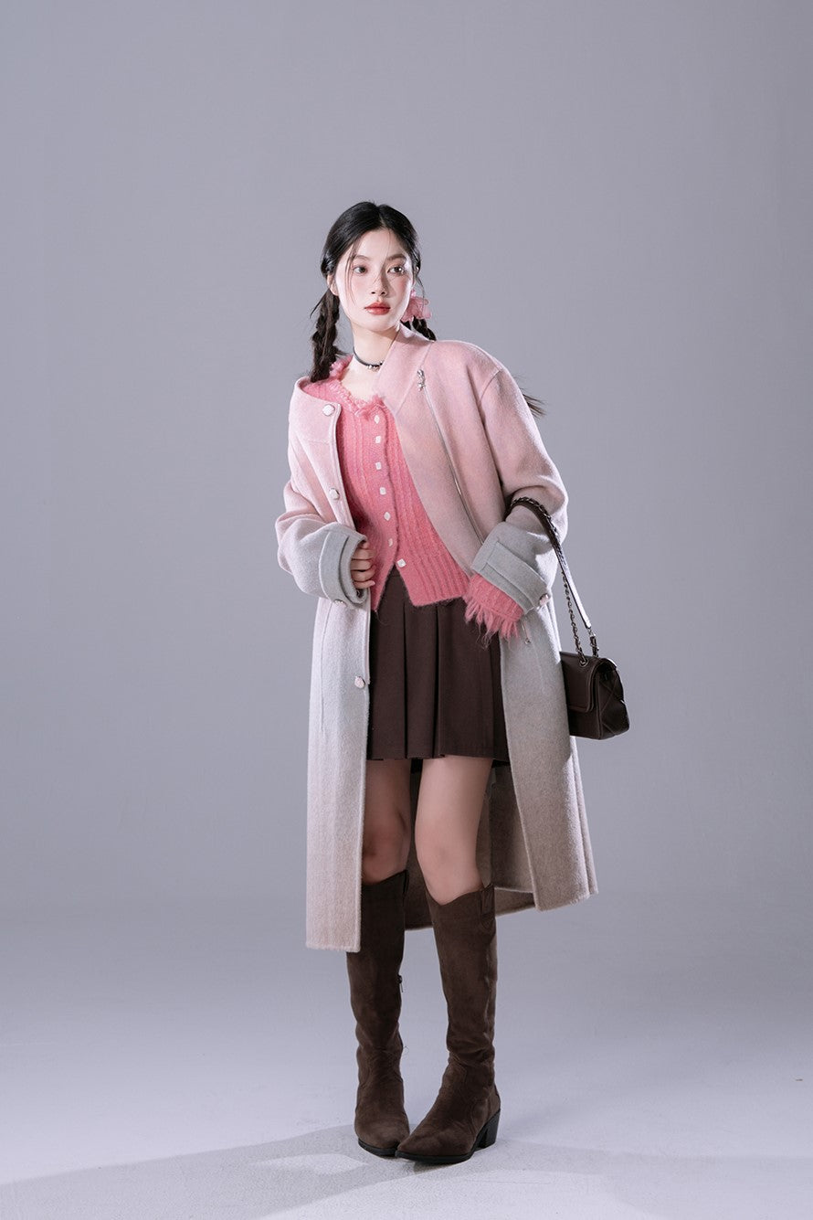 Gradient Powder Pink And Blue Contrast Tencel Double-faced Wool Coat COT0163