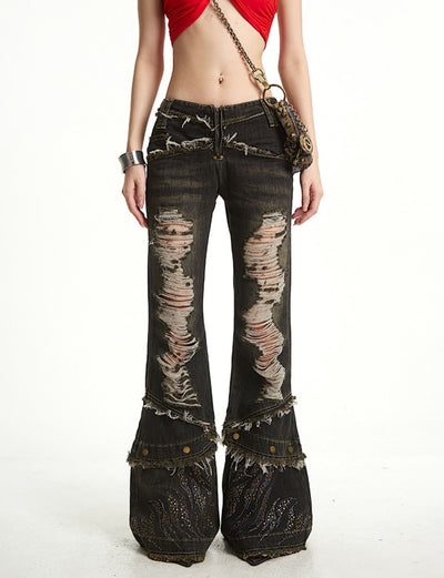 Ripped Tassel Design Flared Jeans UNC0265