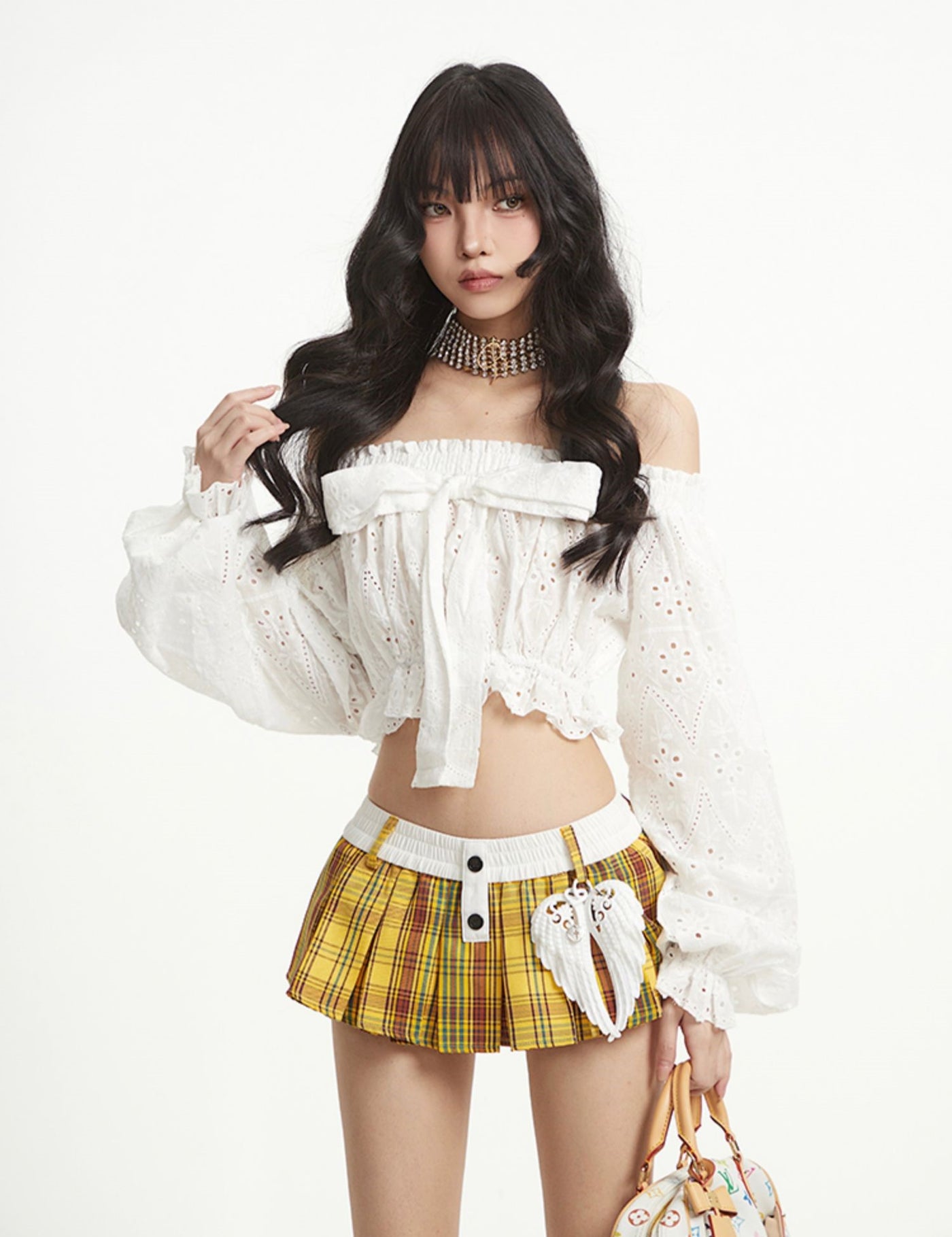 Puff Sleeve One Shoulder Bow Short Shirt UNC0258
