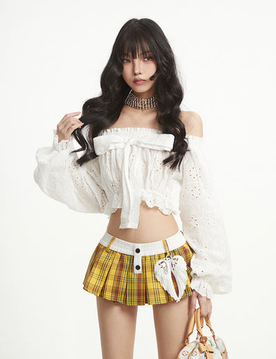Puff Sleeve One Shoulder Bow Short Shirt UNC0258