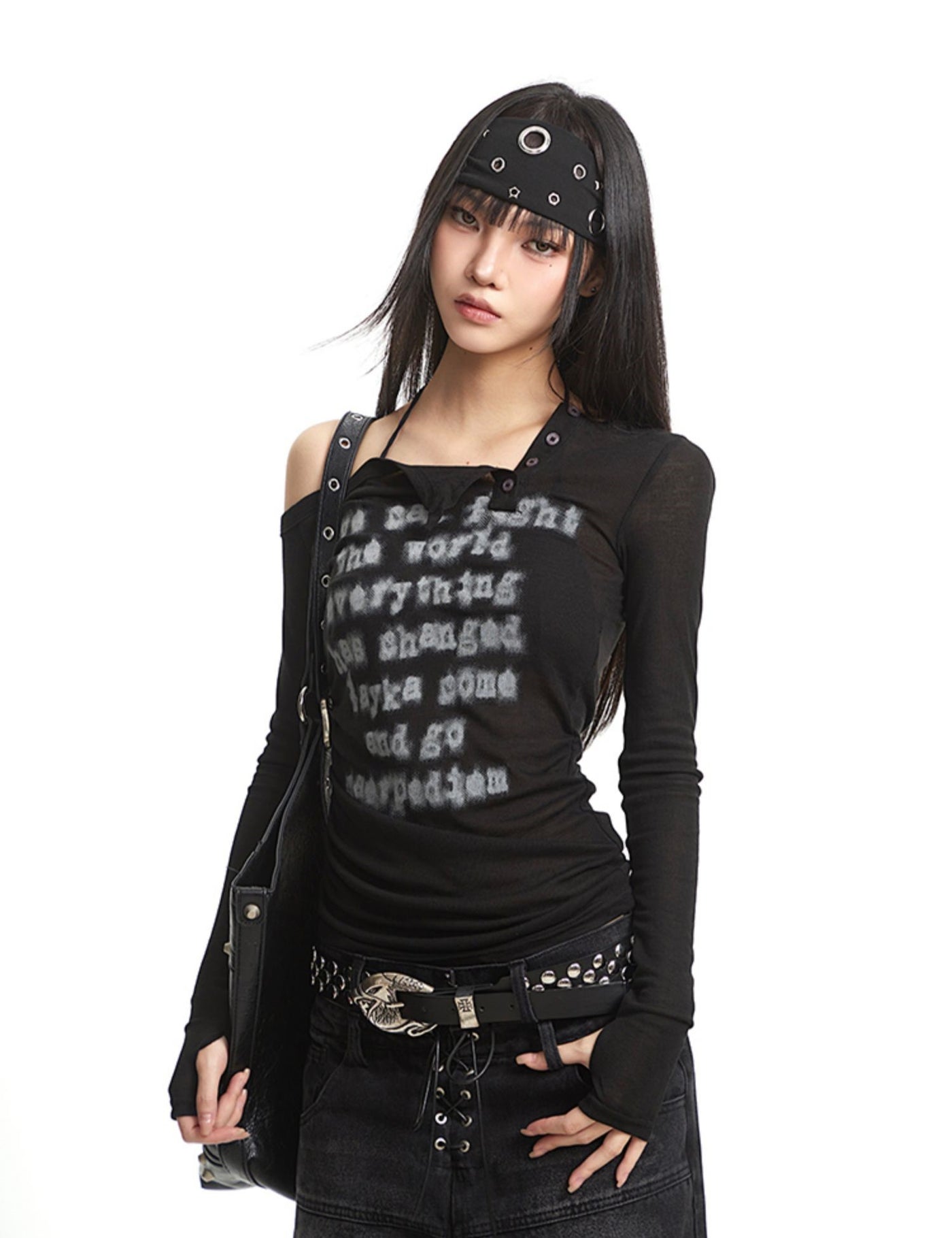One Shoulder Letter Print T-shirt UNC0263