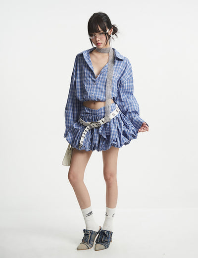 Blue Plaid Short Shirt/Puffy Short Skirt UNC0251