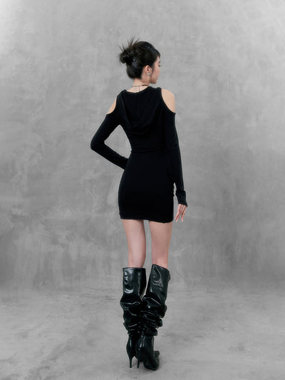 Hooded Pleated Hip Skirt Tight Dress VOC0123