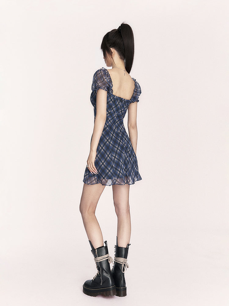 Plaid Puff Sleeve Slimming Dress VOC0402