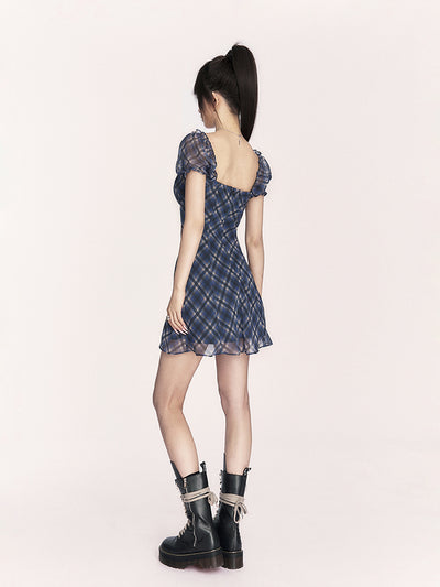 Plaid Puff Sleeve Slimming Dress VOC0402