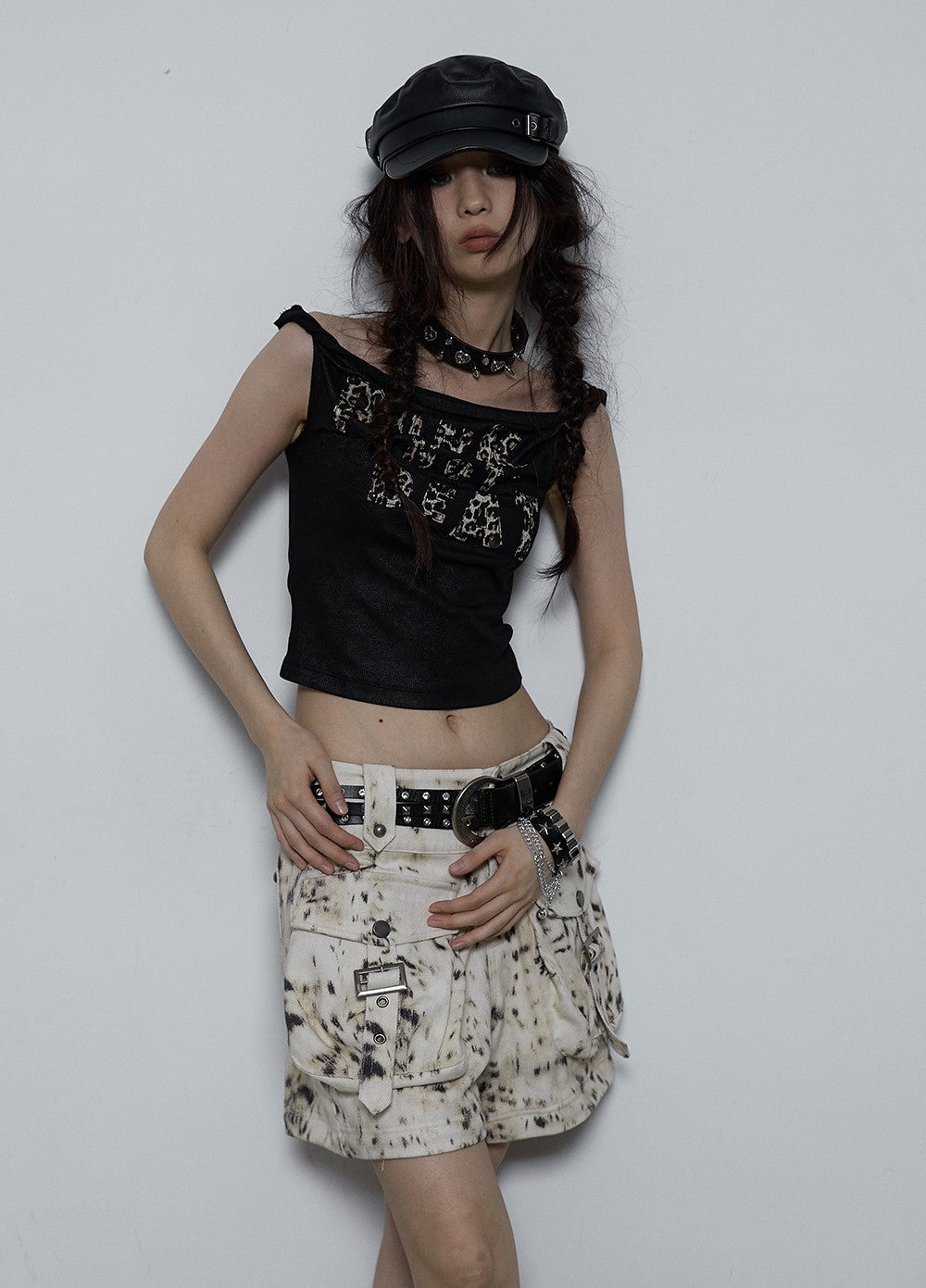 Retro Dark Leopard Print Stitching Sleeveless Rolled Hem T-shirt NOR0058