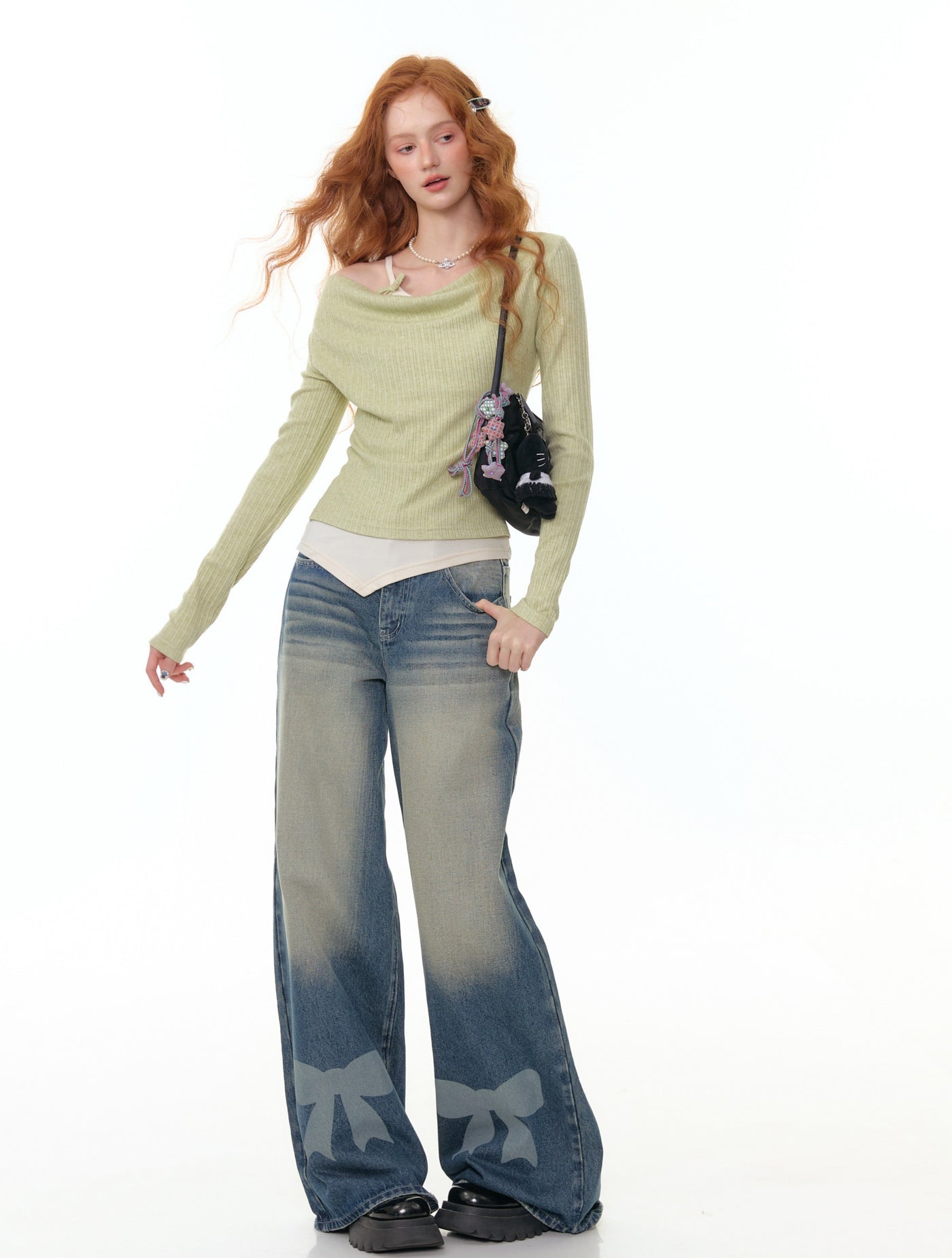 Bow High Waist Wide Leg Jeans ZIZ0304