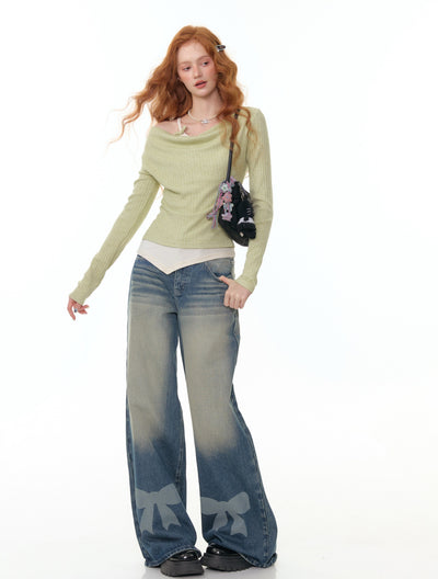 Bow High Waist Wide Leg Jeans ZIZ0304