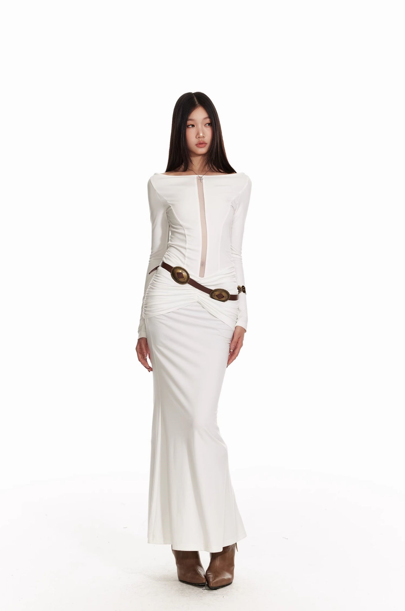 White Church Style Pleated Waist Slim Long Dress/Shawl 4MU0063