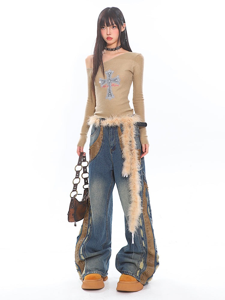 Retro Deconstructed Leather Washed Design Wide-leg Jeans UNC0188