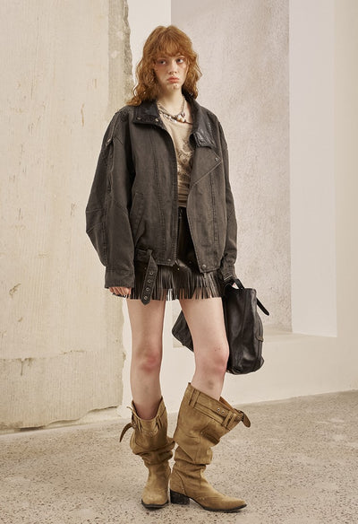 Leather Collar Stitching Denim Retro Jacket DID0222