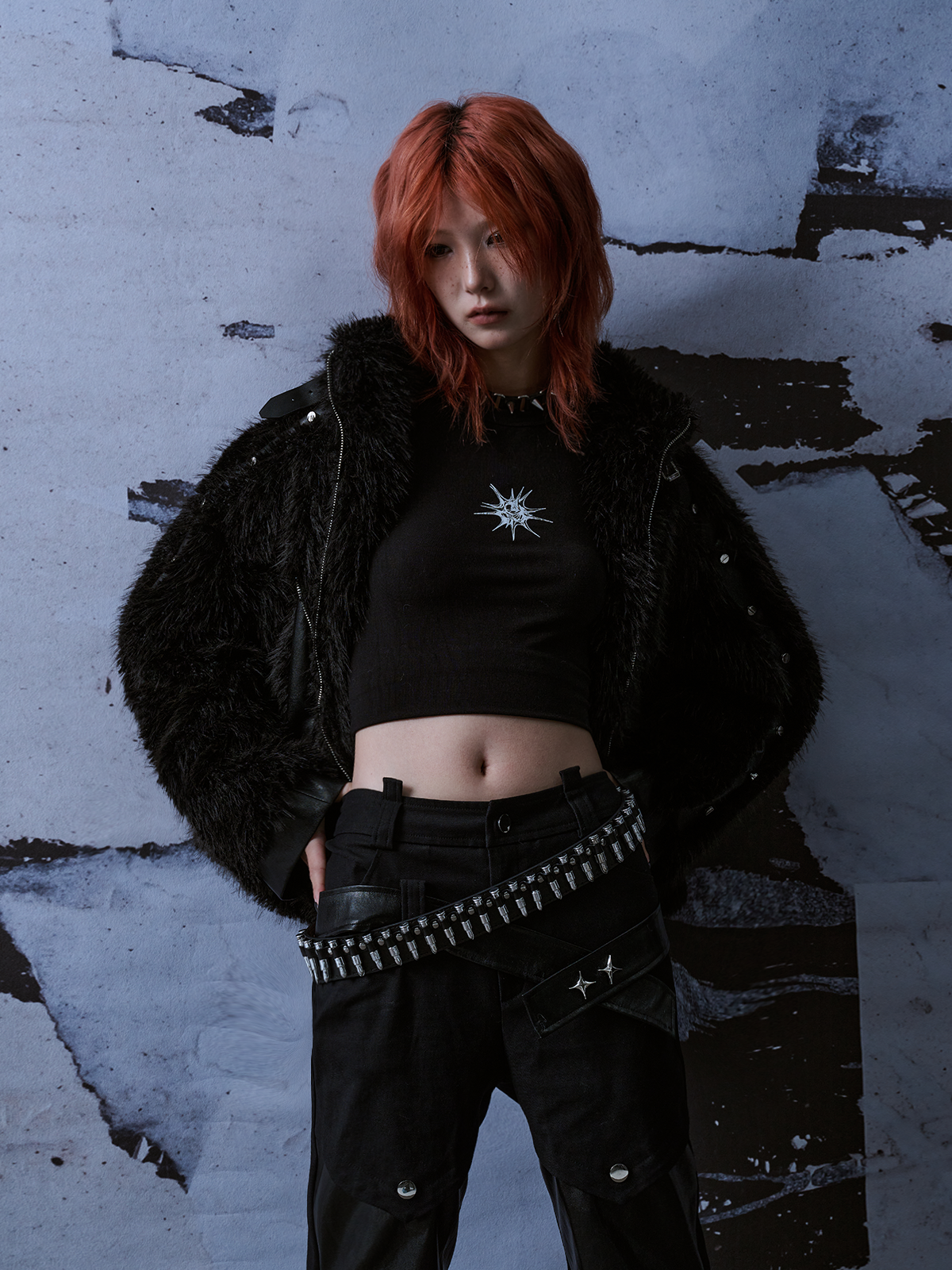 Patchwork Street Metal Punk Rivet Fur Jacket FRU0043