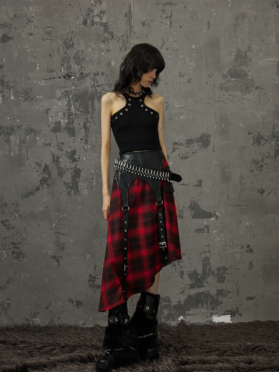 Dark Punk Street Rock Splicing A-line Black And Red Plaid Skirt FRU0032