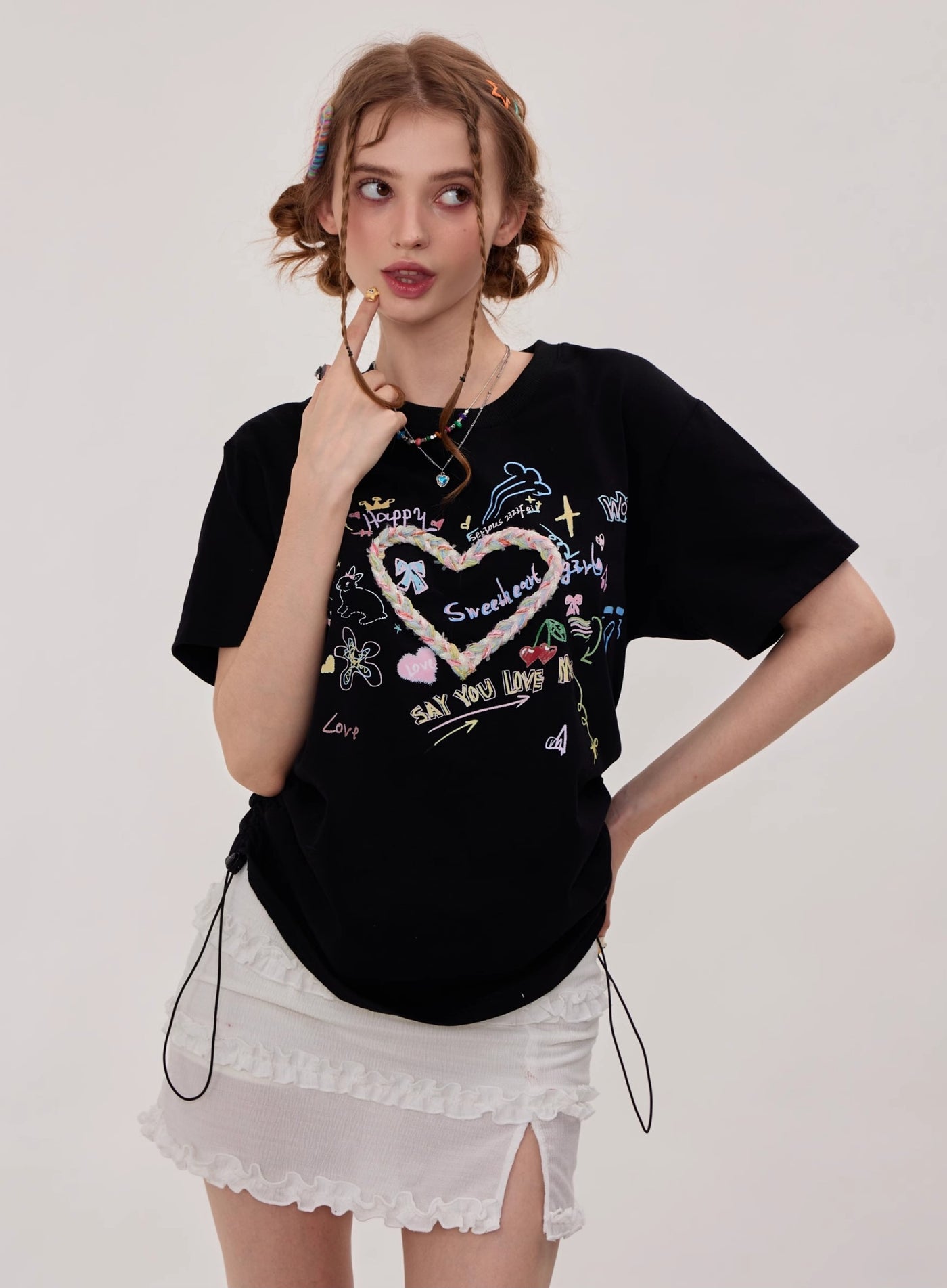 Drawstring Round Neck Three-dimensional Love Print Short-sleeved T-shirt ZIZ0116