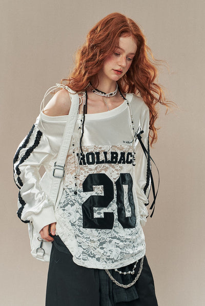 American Baseball Lace Lazy Hollow Embroidery Loose Off-shoulder Jersey Top DIA0205