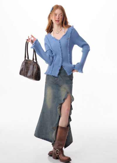 American Retro High Waist Slim Mid-length Split Denim Skirt ZIZ0082