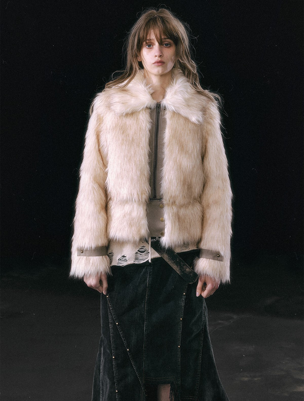 Smudged Leather Eco-friendly Fur Lapel Detachable Hem Coat CES0114