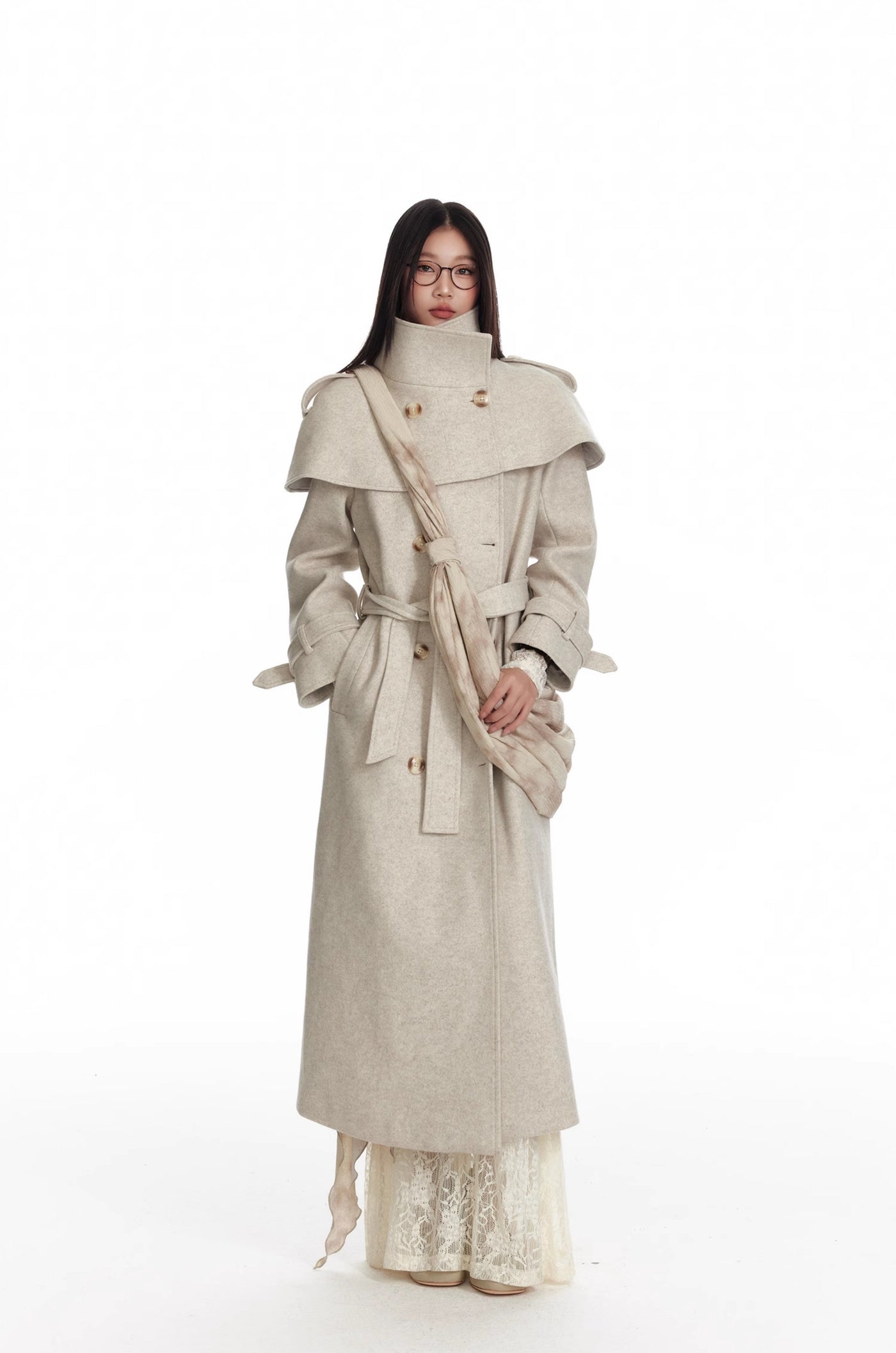 Oatmeal Color Detachable Shawl Cape/Woolen Long Coat 4MU0076