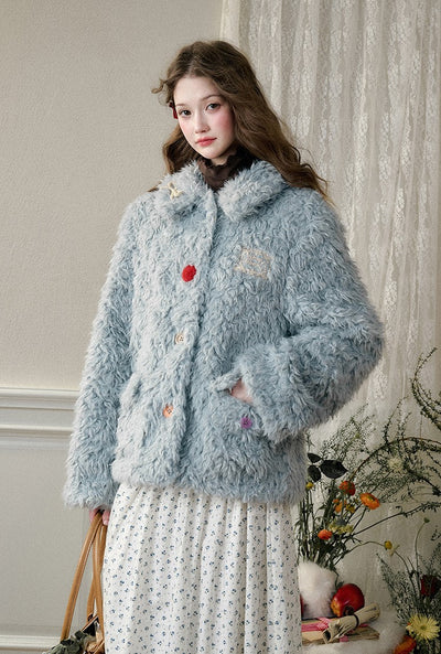 Cream Strawberry/Gray Blue Warm Curly Fur Coat GRO0093