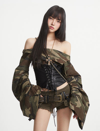 Camouflage One-shoulder Leather Top UNC0254