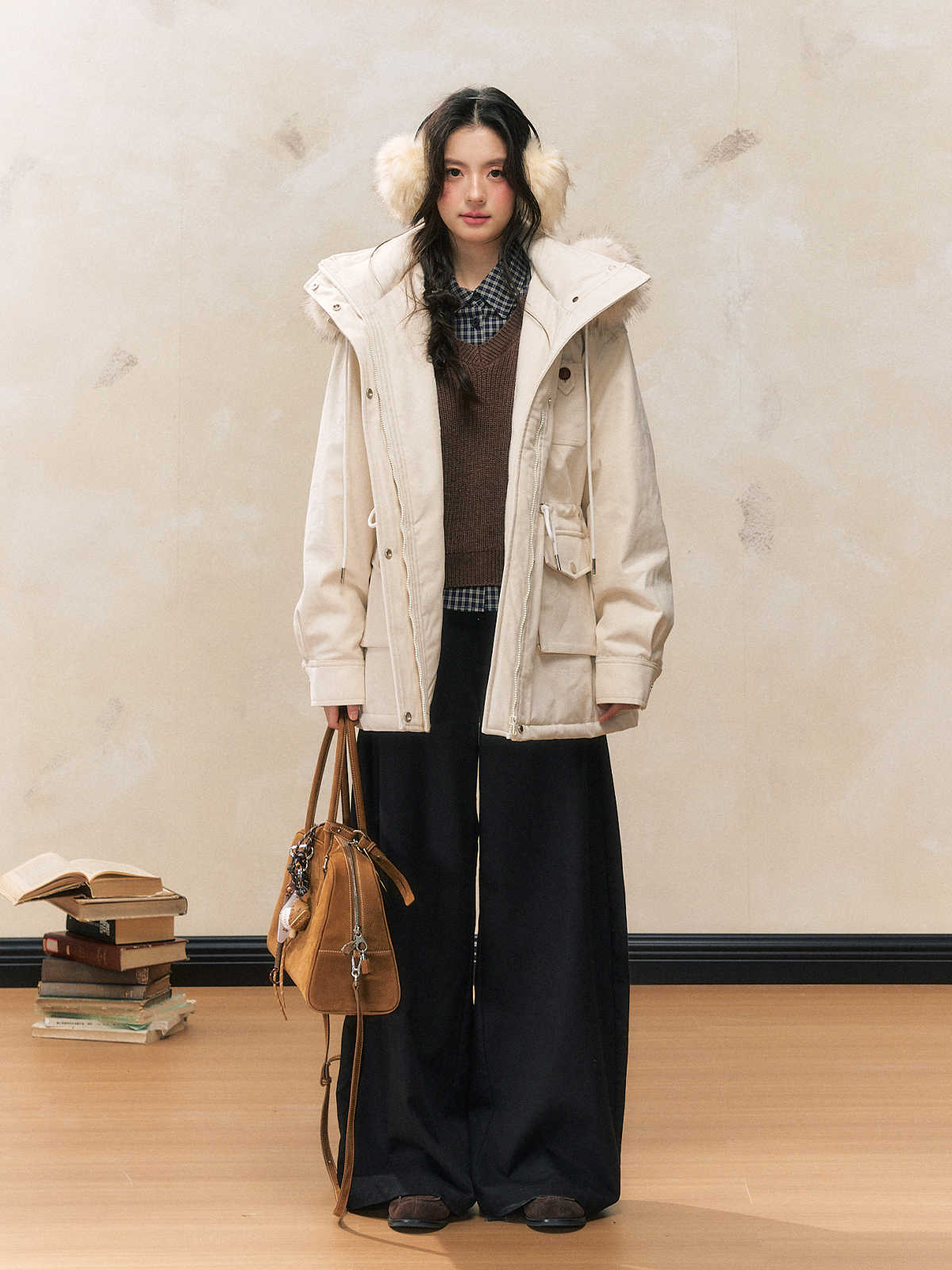 White Loose Hooded Parka Thick Warm Cotton Coat SHI0091