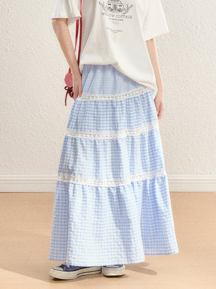 Lace Switched Checked Pattern Gathered Long Skirt SPE0057