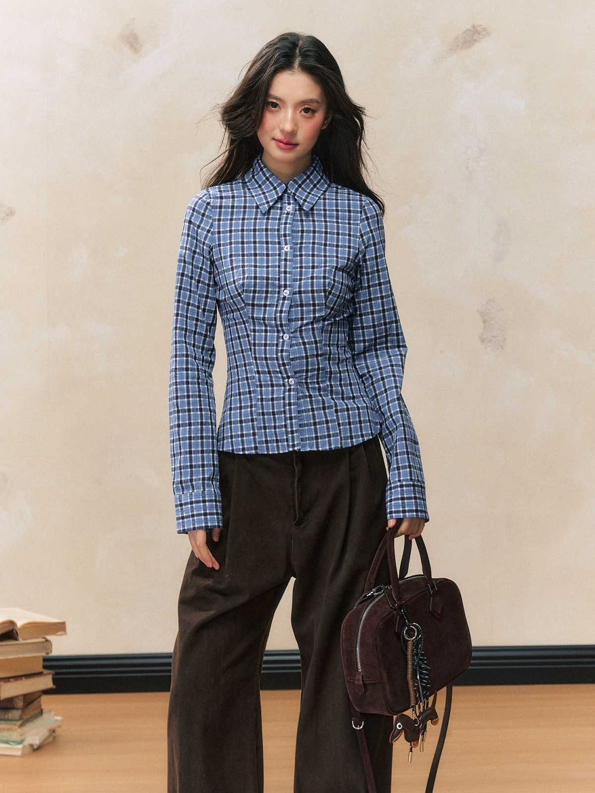 Blue Plaid Long-sleeved Slim Fit Shirt SHI0097