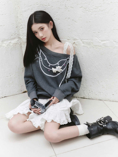 Necklace Design Oblique Shoulder Strap Gray Sweatshirt FRA0230