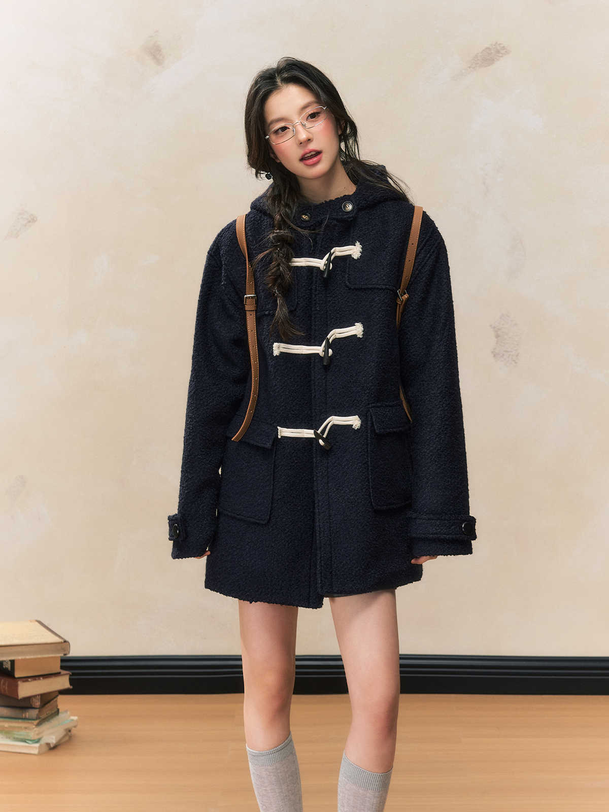 Navy Blue Hooded Woolen Horn Button Mid-length Coat SHI0106