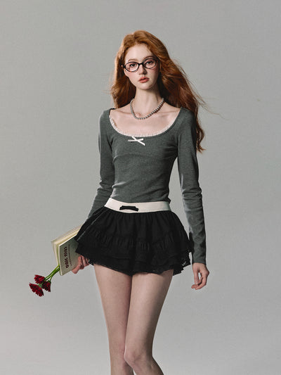 Preppy Style Knitted Lace Top/Pleated Skirt OAK0224