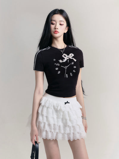 Basic Versatile Clock Embroidery Slim Short Sleeve T-shirt FRA0184