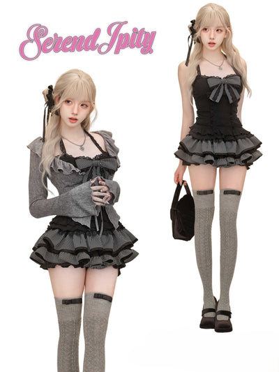 Twilight Black Lace Camisole/Gray Knit Cardigan/Short Skirt SER0084