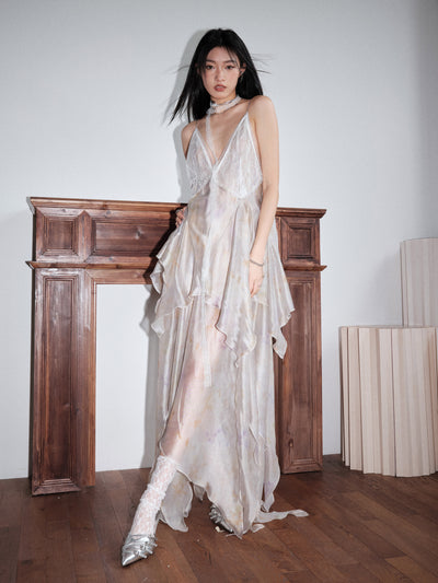 Jellyfish Gauze Printed Transparent Feather Irregular Suspender Dress JNY0156