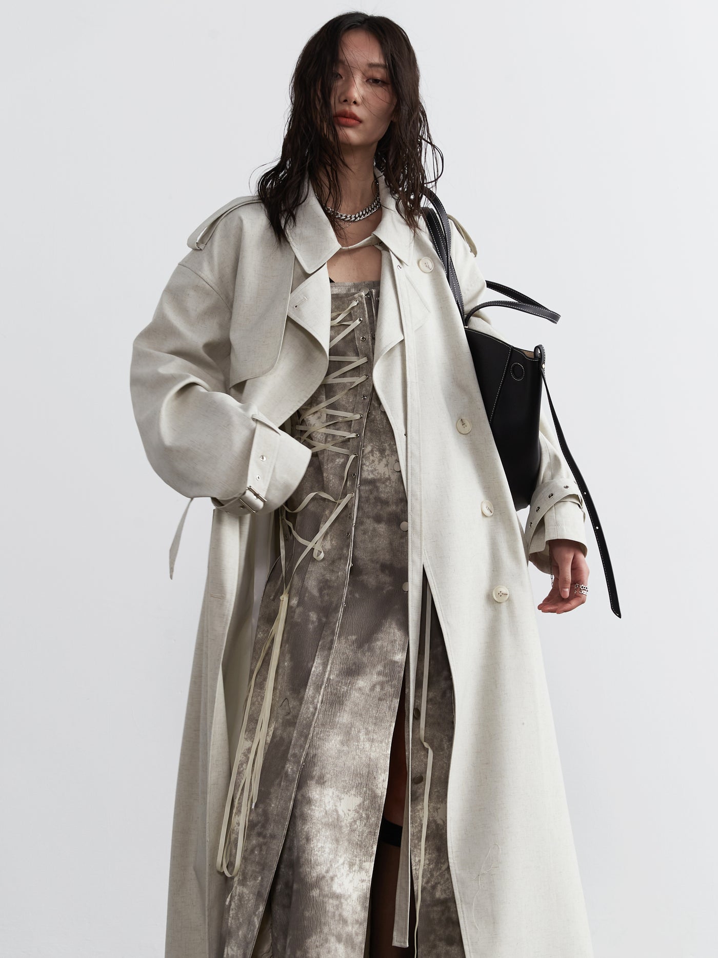 Lime White Tie-up Decorated Genderless Long Trench Coat JNY0123