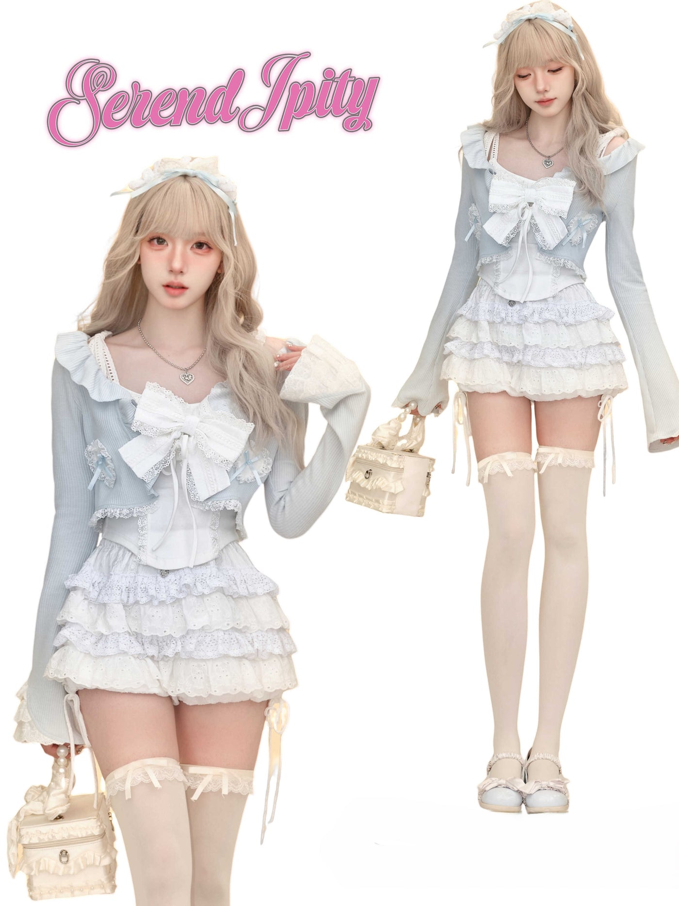 Milk Blue Knitted Cardigan/Bowknot Camisole/White Cake Skirt SER0086