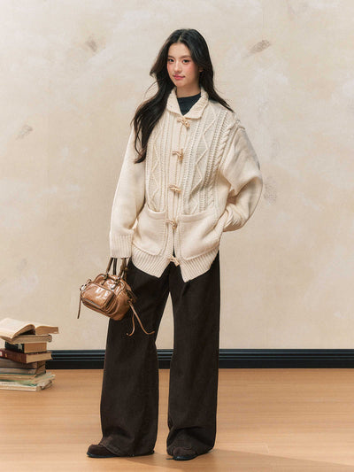 Two-color Lazy Style Horn Button Knitted Cardigan SHI0095