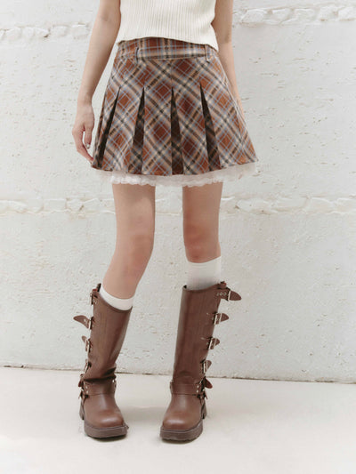 Retro College Lace Casual Plaid Pleated Short Skirt FRA0226